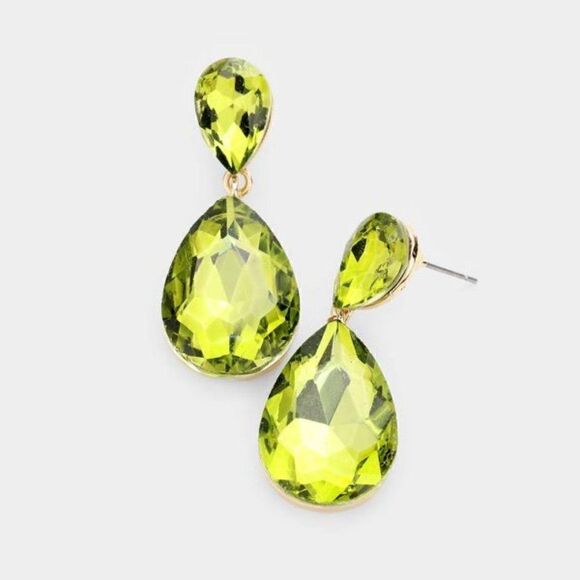 Olive Green Crystal Double Teardrop Gold Earrings NWT - Picture 1 of 5